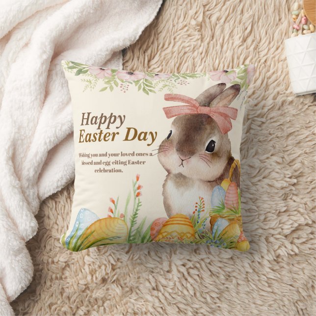 Coussin Joyeuse fête de Pâques au lapin floral aquarelle a (Couverture)