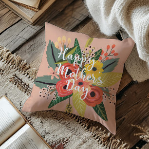 Coussin Joyeuse Fête des Mères Écriture Florale Colorée Mo