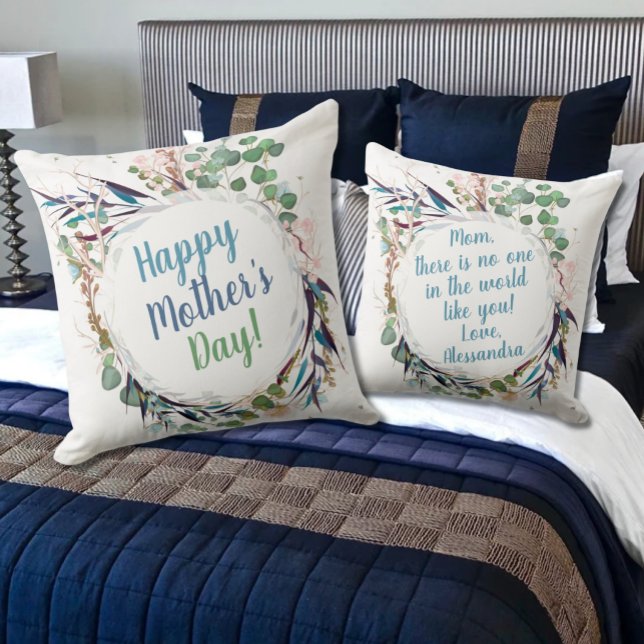 Coussin Joyeuse fête des mères Jolies Feuilles en blanc (Créateur téléchargé)