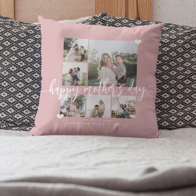 Coussin Joyeuse fête des Mères script photo collage rose (Créateur téléchargé)