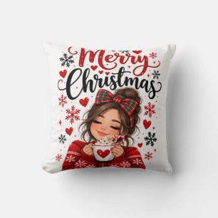 Coussin Joyeuse Fille de Noël avec Cœur Mignon Thr de Noël