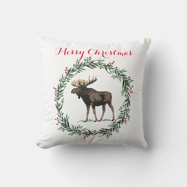 Coussin Joyeuse Moose De Noël Et Serre Holly (Recto)