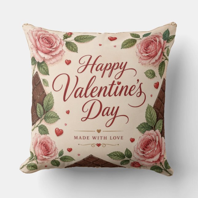 Coussin Joyeuse Saint Valentin Roses Roses Chocolats (Recto)