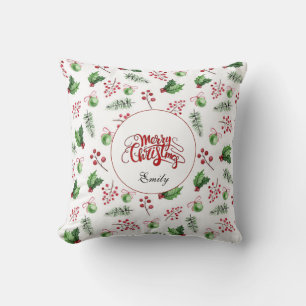 Coussin Joyeuses boules de Noël Holly Berries Pine Monogra