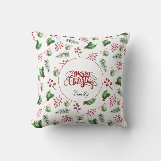 Coussin Joyeuses boules de Noël Holly Berries Pine Monogra (Recto)