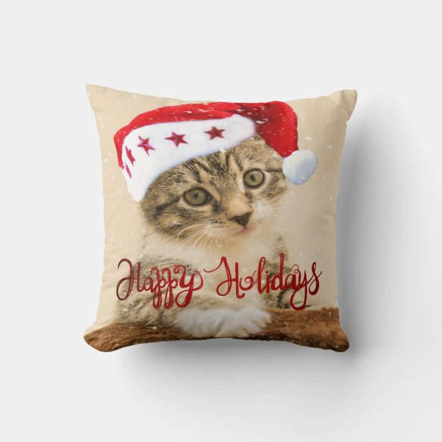 Coussin Joyeuses Fêtes,Chat Avec Chapeau De Père Noël (Recto)
