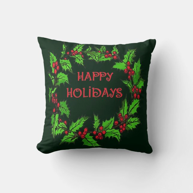 Coussin Joyeuses Fêtes Couronne de houx de Noël (Recto)
