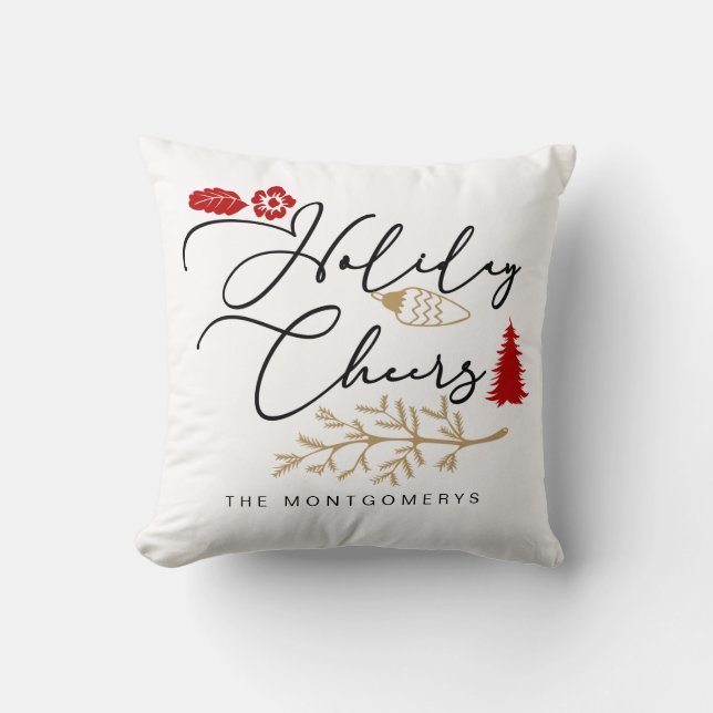 Coussin Joyeuses Fêtes De Noël Rouge Holly (Recto)