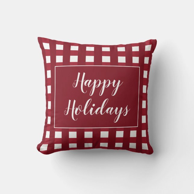 Coussin Joyeuses Fêtes Marron Vérifié Buffalo Blanc (Recto)