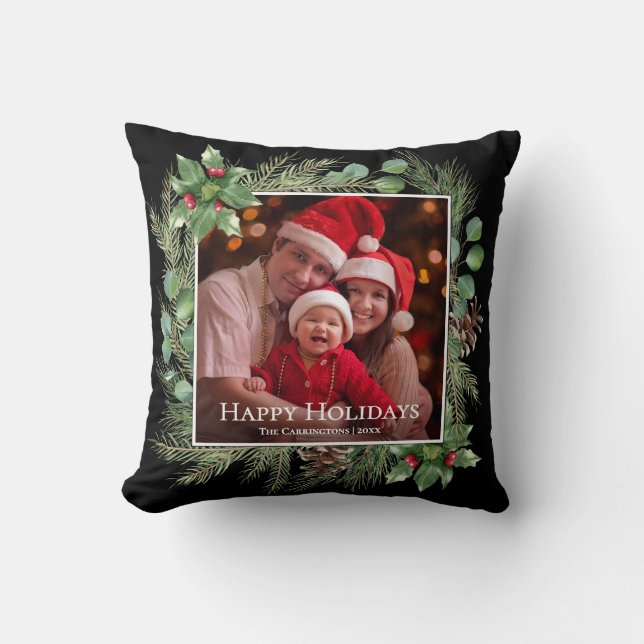 Coussin Joyeuses Fêtes Photo Verdure Carré (Recto)