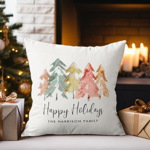 Coussin Joyeuses fêtes Pine Trees Aquarelle Noël
