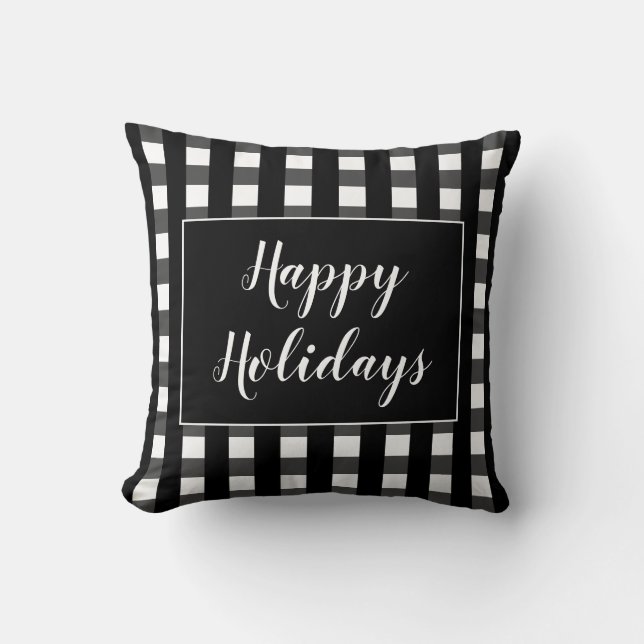Coussin Joyeuses Fêtes Plaid Noir Blanc Noël (Recto)