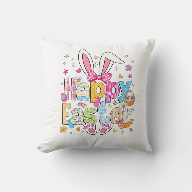 Coussin Joyeuses Pâques 2026 Mignon Lapin Jour de Pâques F (Recto)