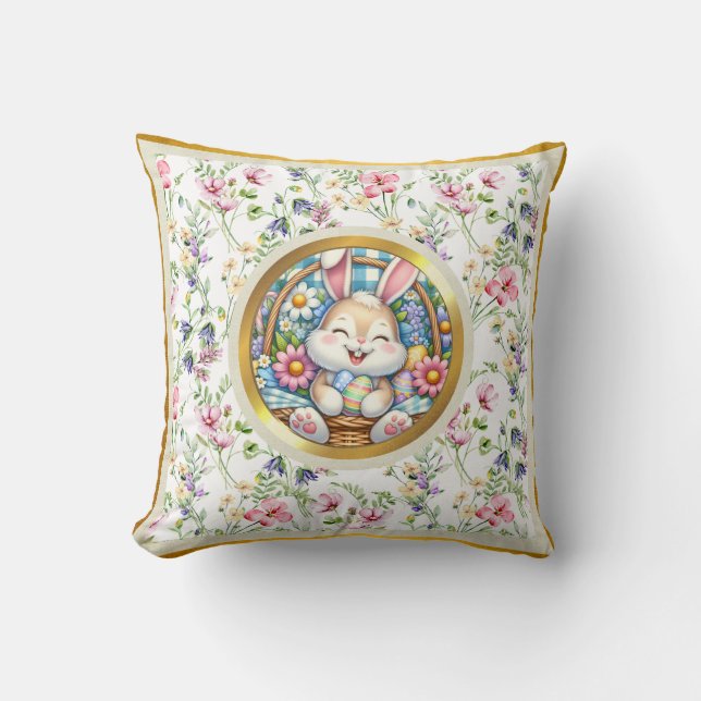 Coussin Joyeuses Pâques avec un lapin mignon, des œufs et  (Recto)