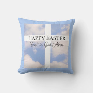 Coussin Joyeuses Pâques Confiance en Dieu Bleu et Blanc