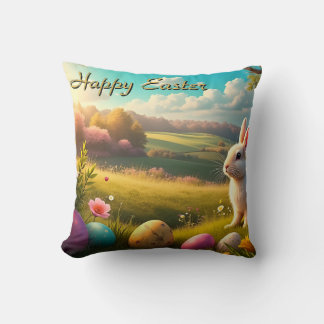 Coussin Joyeuses Pâques dans un paysage printanier