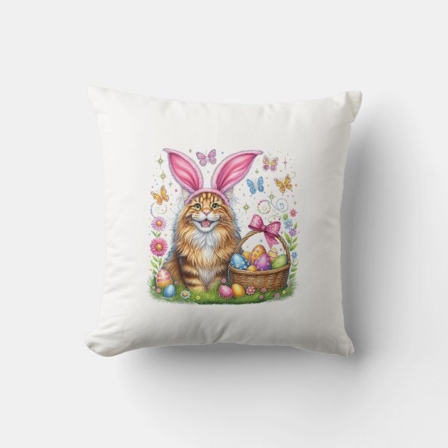 Coussin Joyeuses Pâques Mignon Lapin Maine Coon Chat Œufs  (Recto)