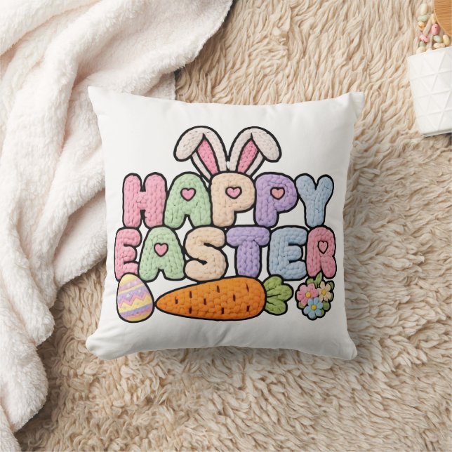 Coussin Joyeuses Pâques Tricotée Texture Fils Pastel Fête (Couverture)