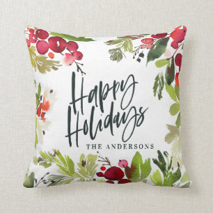 Coussin Joyeuses vacances aquarelle florale vacances