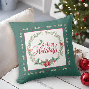 Coussin Joyeuses Vacances Holly Wreath Christmas Throw Pil