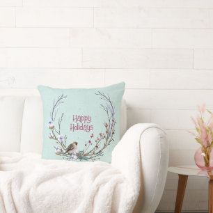 Coussin Joyeuses vacances Oiseau de Noël dans un arbre