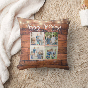 Coussin Joyeuses vacances Rustique Bois Chaîne Lumières Ph