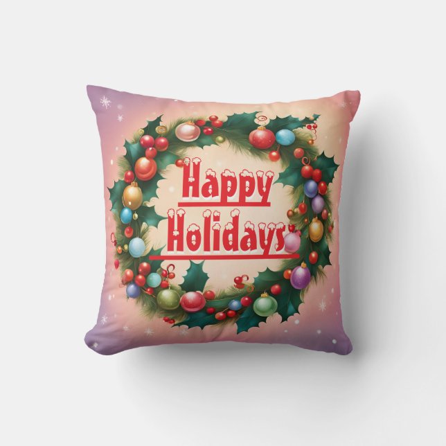 Coussin Joyeuses vacances Wreath Colorful Christmas neige (Recto)