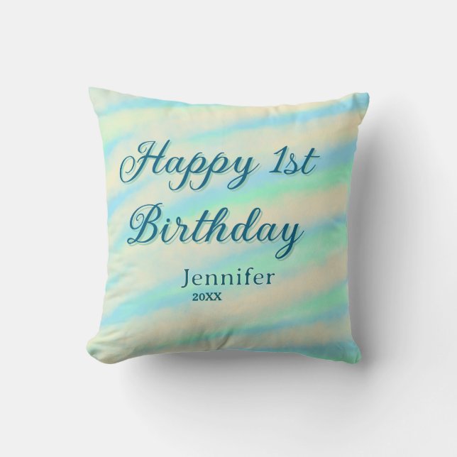 Coussin Joyeux 1er anniversaire enfants bébé bleu vert pas (Recto)