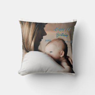 Coussin Joyeux 1er anniversaire enfants bébé mère bleu jau