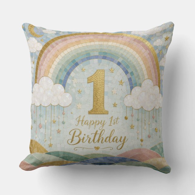 Coussin Joyeux 1er Anniversaire Mosaic Arc-en-Ciel Nuage D (Recto)