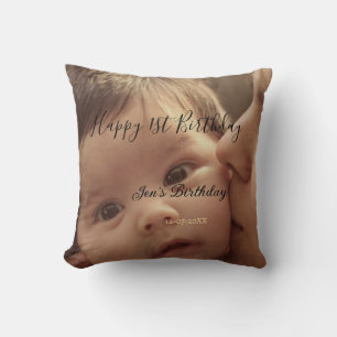 Coussin Joyeux 1er anniversaire nom photo date calligr