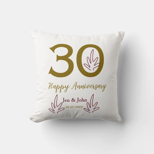 Coussin Joyeux 30e anniversaire nom date feuille rouge dor (Recto)