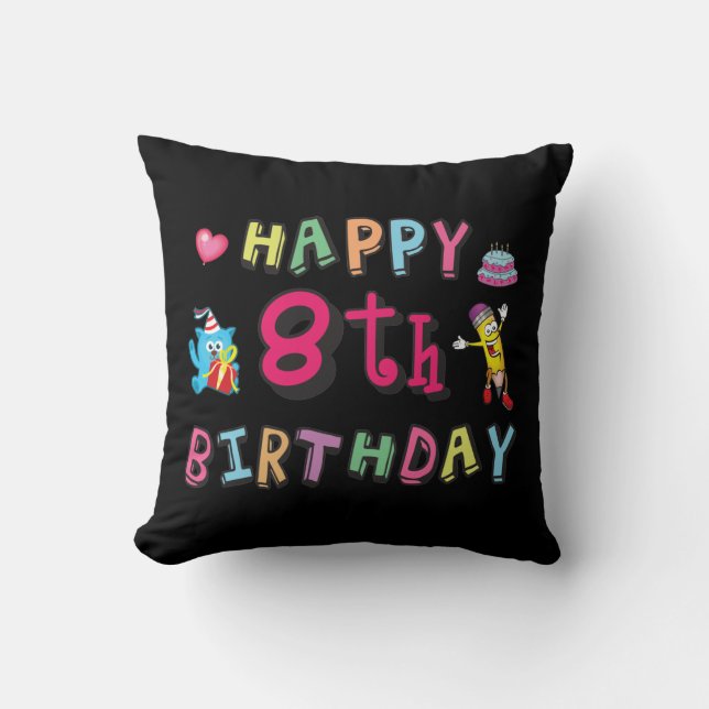 Coussin Joyeux 8ème anniversaire. 8 ans anniversaire. (Recto)