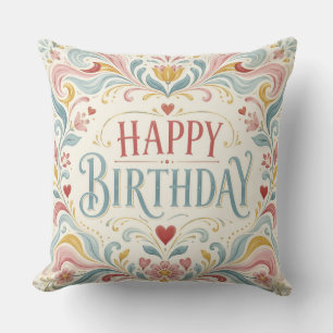 Coussin Joyeux Anniversaire Art Populaire Scandinave Tourb