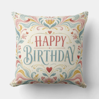 Coussin Joyeux Anniversaire Art Populaire Scandinave Tourb