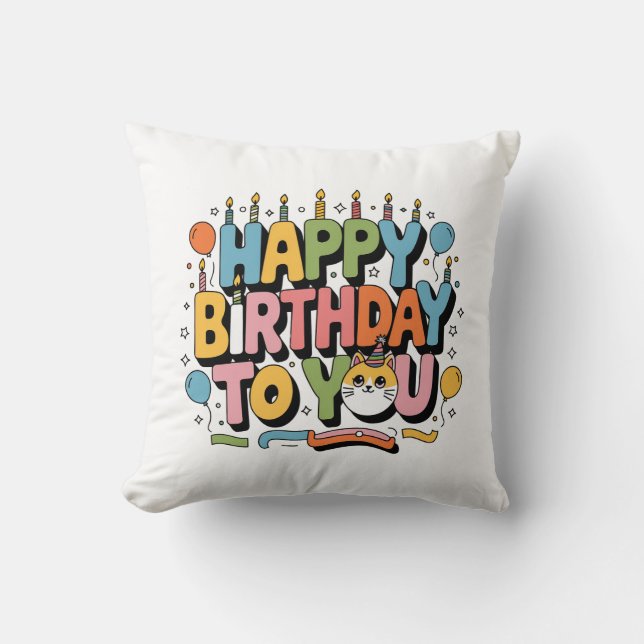 Coussin Joyeux Anniversaire Chat Mignon (Recto)