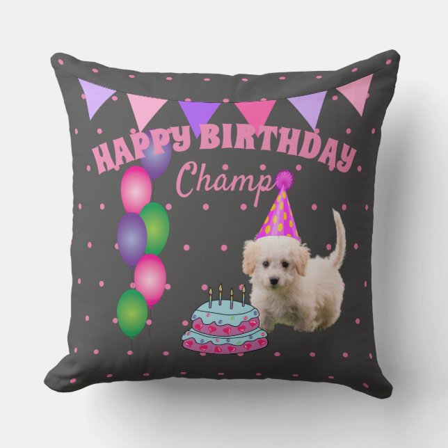 Coussin Joyeux Anniversaire chien mignon avec pois de gâte (Recto)