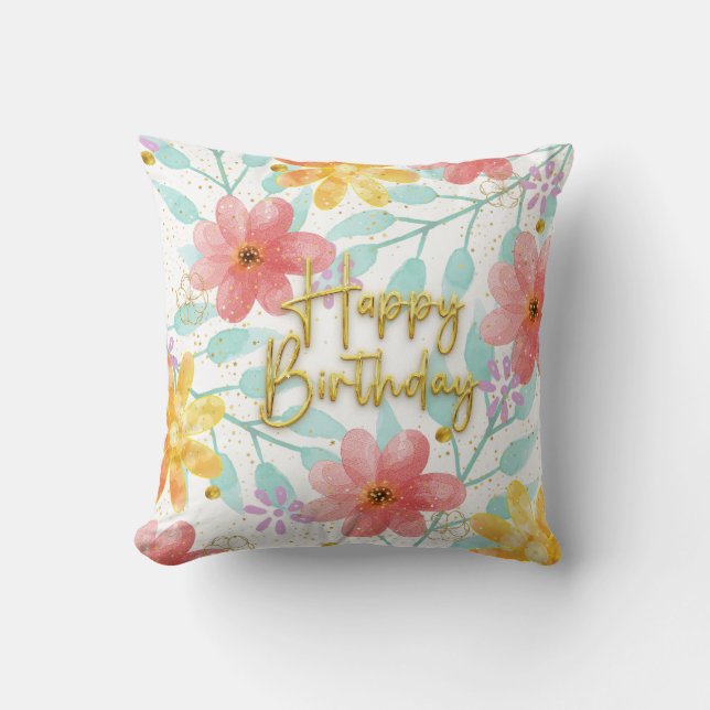 Coussin Joyeux anniversaire fleuri botanique Élégant Modèl (Recto)