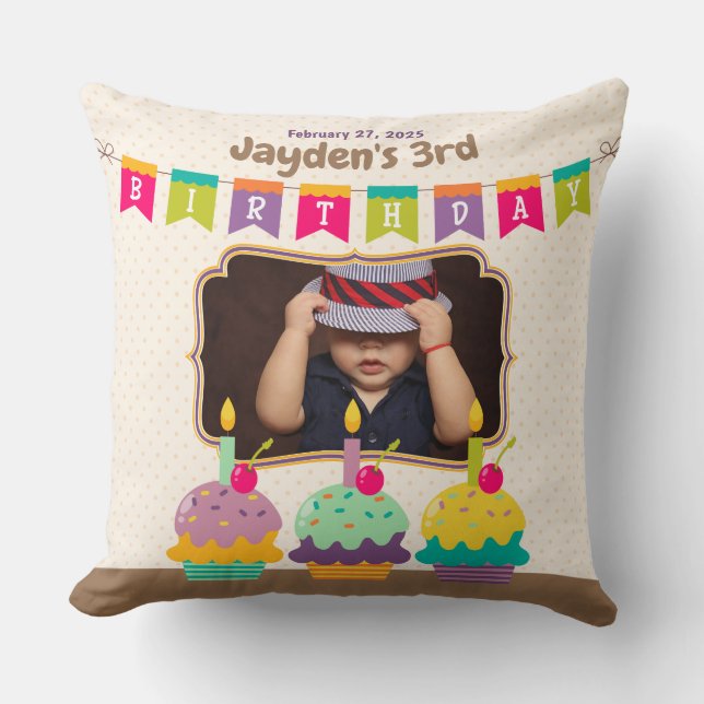 Coussin Joyeux Anniversaire Kid Colorful Cupcakes Bunting  (Recto)