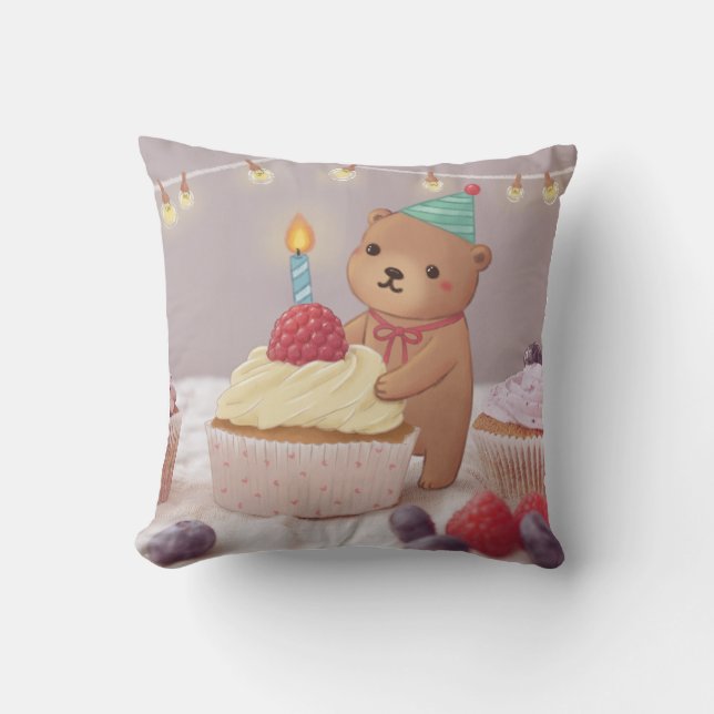 Coussin Joyeux anniversaire : Ours en peluche et petits gâ (Recto)