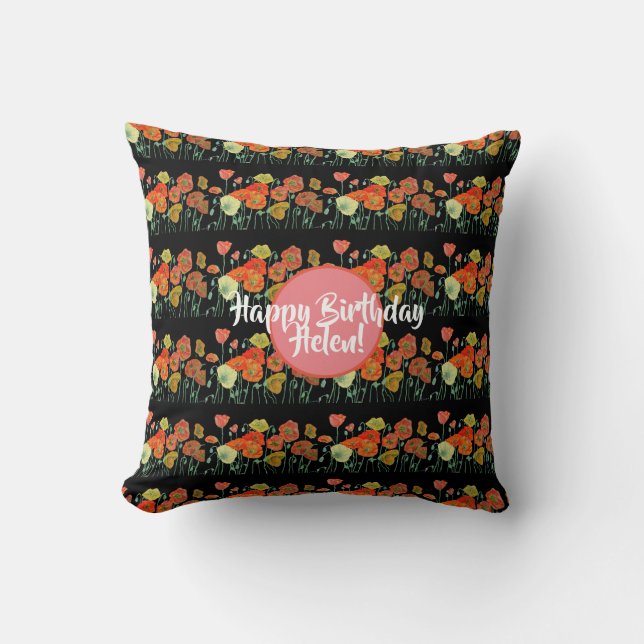 Coussin Joyeux anniversaire Poppy floral dames Nom Cuchion (Recto)