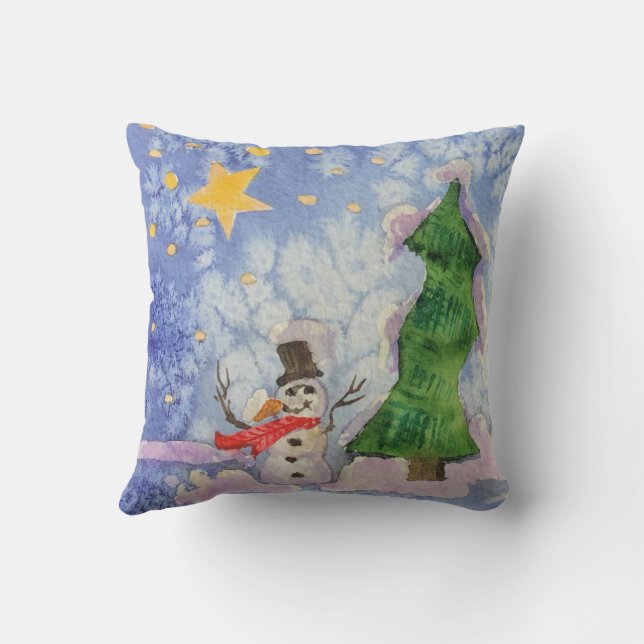 Coussin Joyeux Arbre De Noël Et Aquarelle De Snowman Froid (Verso)