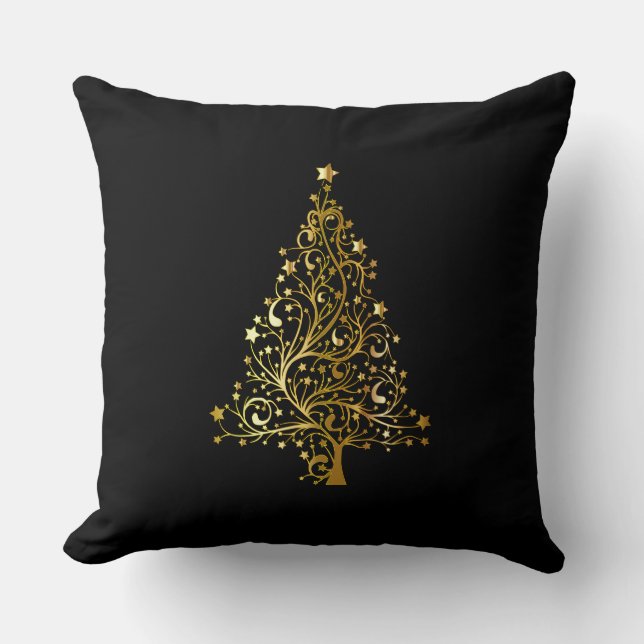 Coussin Joyeux Arbre de Noël Etoiles Noir Or brillant Chic (Recto)