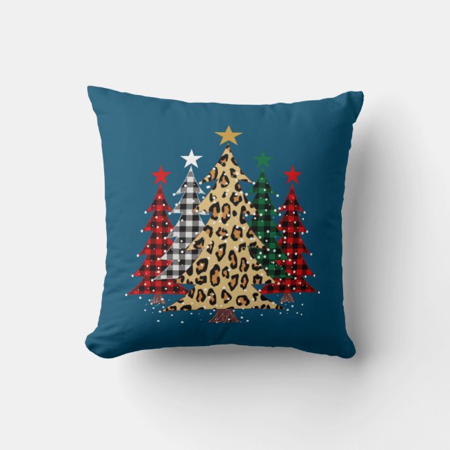 Coussin Joyeux arbres de Noël avec Buffalo Plaid & Leopard (Recto)