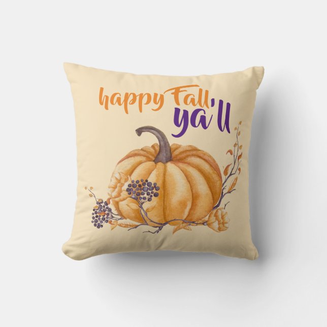 Coussin Joyeux Automne à Tous Aquarelle Citrouille Orange  (Recto)