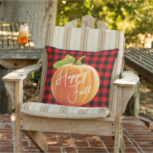Coussin Joyeux Automne Citrouille sur Motif à Carreaux Rou