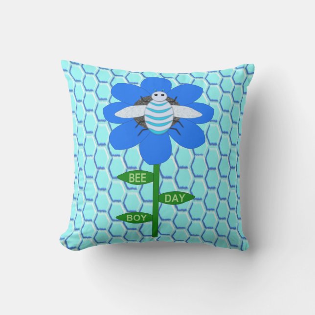 Coussin Joyeux Bee Day Boy Blue Birthday Bumblebee (Recto)