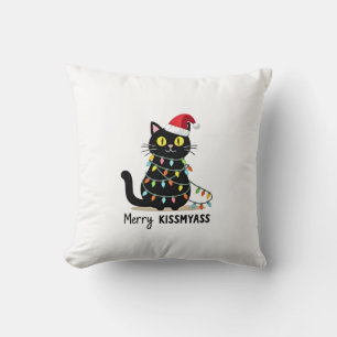 Coussin Joyeux Bisousdrôle Chat Lumières de Noël Premium