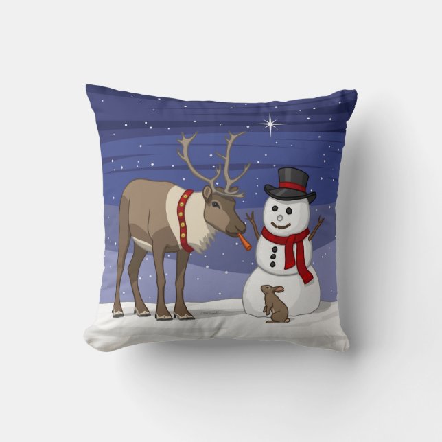 Coussin Joyeux bonhomme de neige de Noël & mignon renne (Recto)