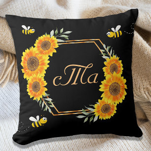 Coussin Joyeux bumble abeilles tournesol couple noir monog